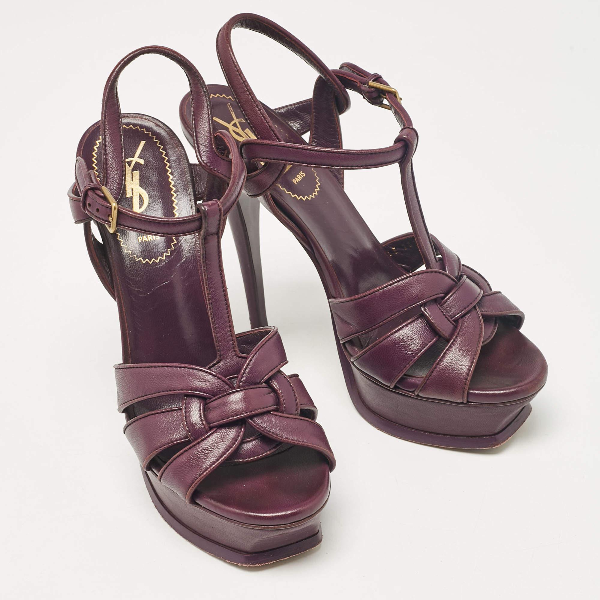 Saint Laurent Purple Leather Tribute Platform Sandals Size 37 In Fair Condition In Dubai, Al Qouz 2