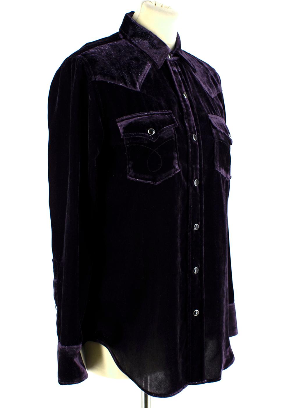 Saint Laurent Purple Metallic Velvet Shirt 

-Western-inspired cut 
-Luxurious soft velvet with lame threads 
-Beautiful deep purple hue 
-2 buttoned flap pockets to the front 
-Pressure button fastening with a lacquered finish 
-Buttoned cuffs