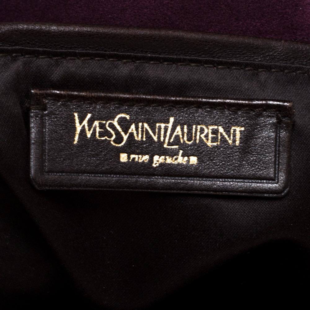 Nero Saint Laurent Tote Downtown in pelle verniciata viola con grandi applique floreali