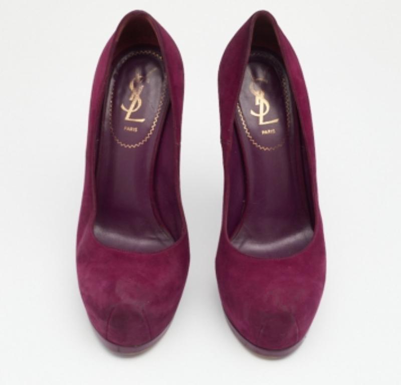 Saint Laurent Purple Suede Tribtoo Pumps Size 38 In Good Condition For Sale In Dubai, Al Qouz 2