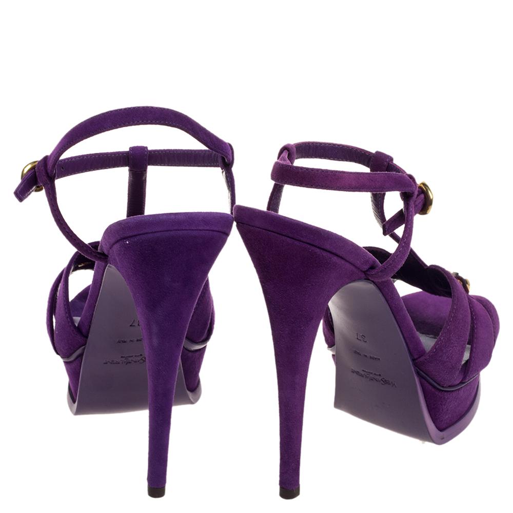 Saint Laurent Purple Suede Tribute Chain Detail Platform Sandals Size 37 In Excellent Condition In Dubai, Al Qouz 2