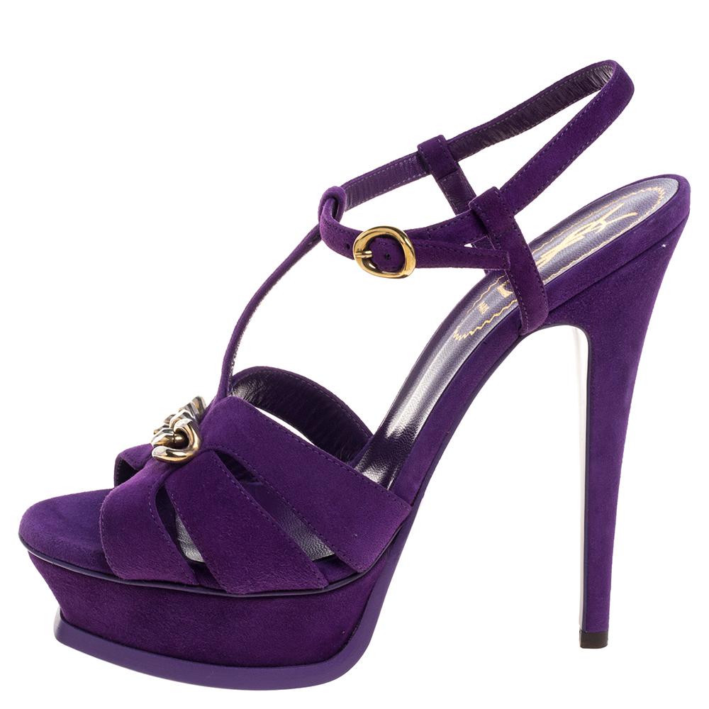 Saint Laurent Purple Suede Tribute Chain Detail Platform Sandals Size 37 1