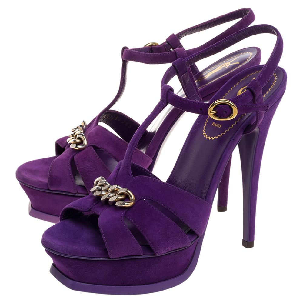 Saint Laurent Purple Suede Tribute Chain Detail Platform Sandals Size 37 3