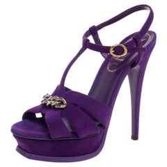 Saint Laurent Purple Suede Tribute Chain Detail Platform Sandals Size 37