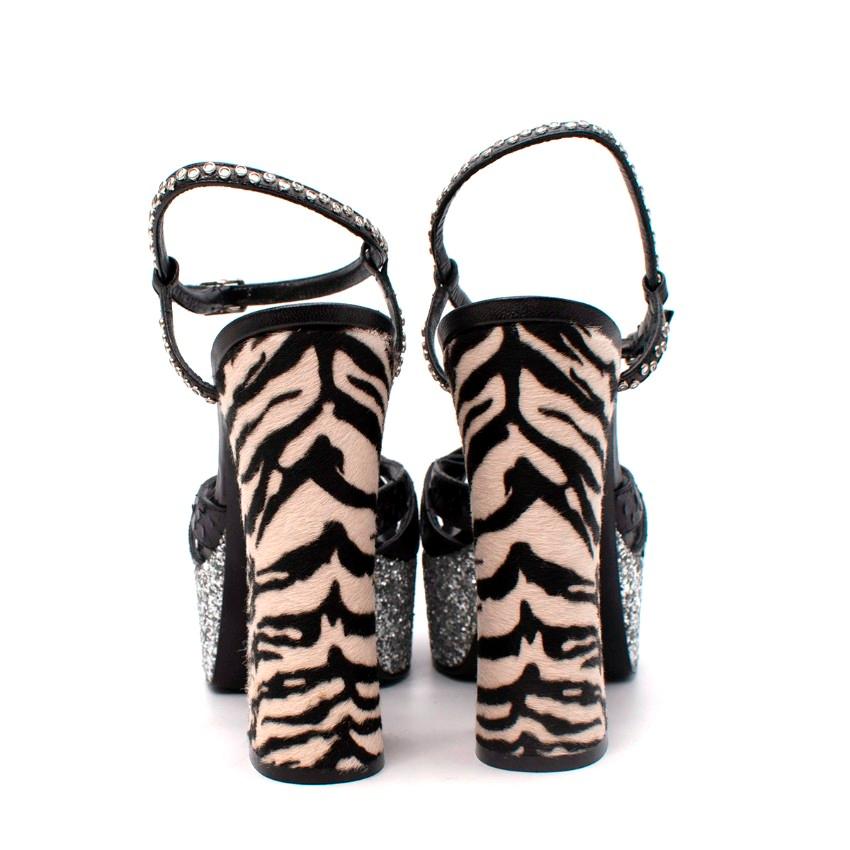 Black Saint Laurent Python, Glitter & Ponyskin Platform Sandals
