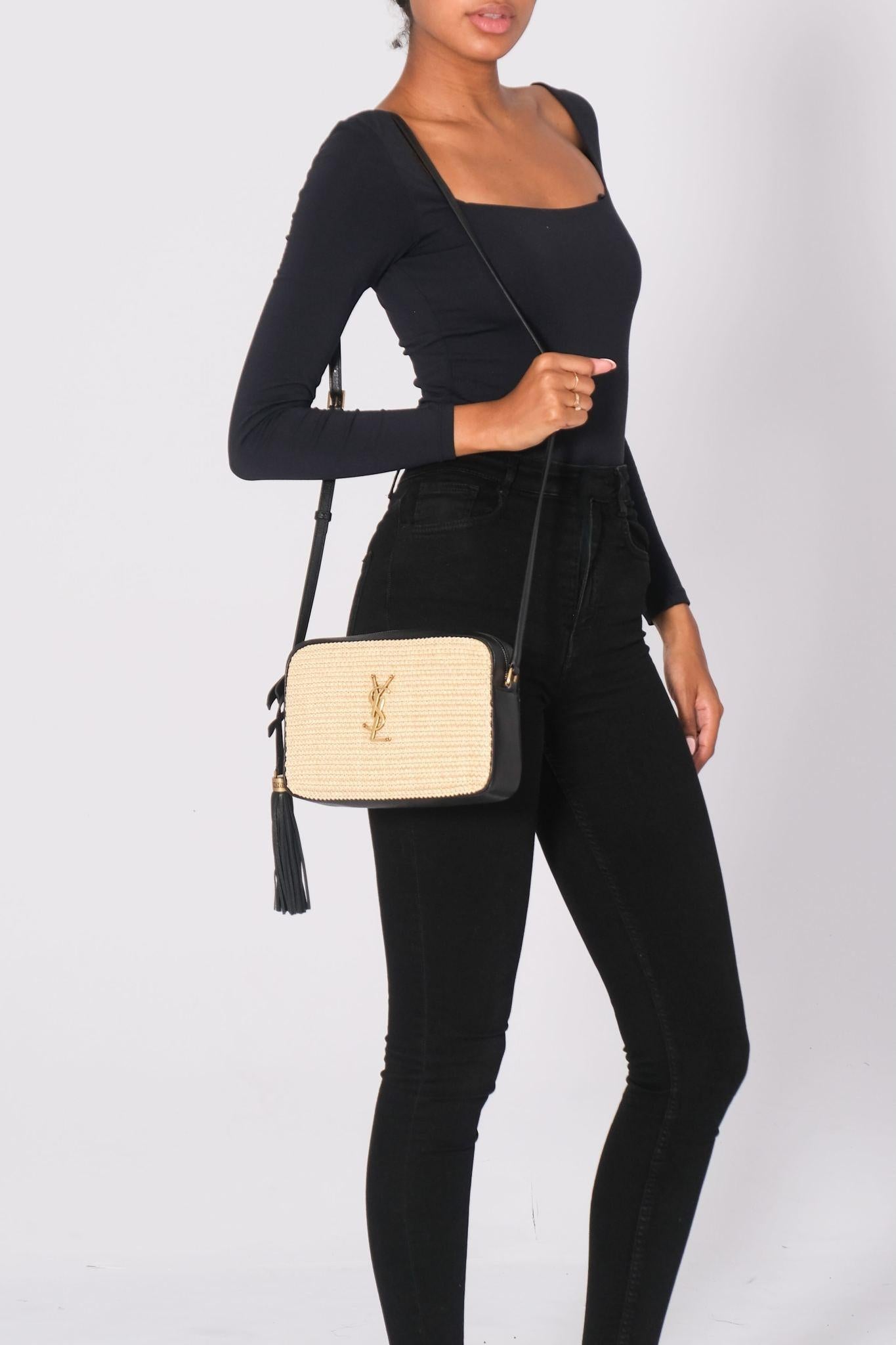 Saint Laurent Raffia Monogram Lou Camera Bag Beige In New Condition In Montreal, Quebec