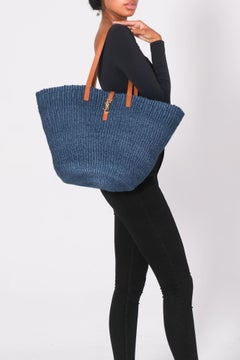 Saint Laurent Raffia Pannier Blue Tote Bag