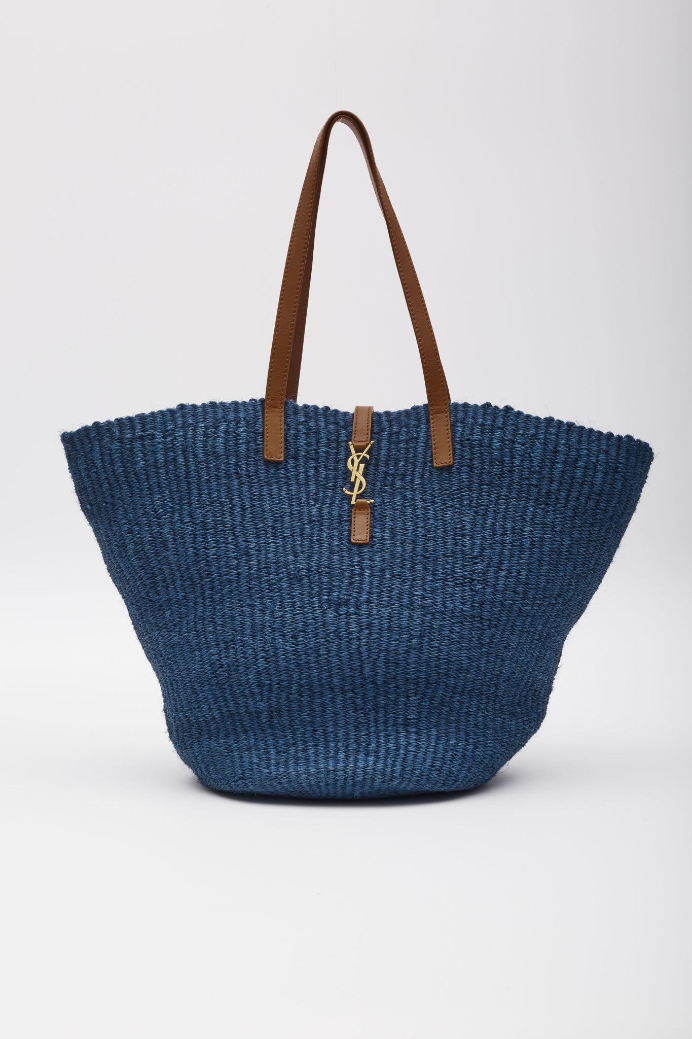 Women's Saint Laurent Raffia Pannier Blue Tote Bag For Sale