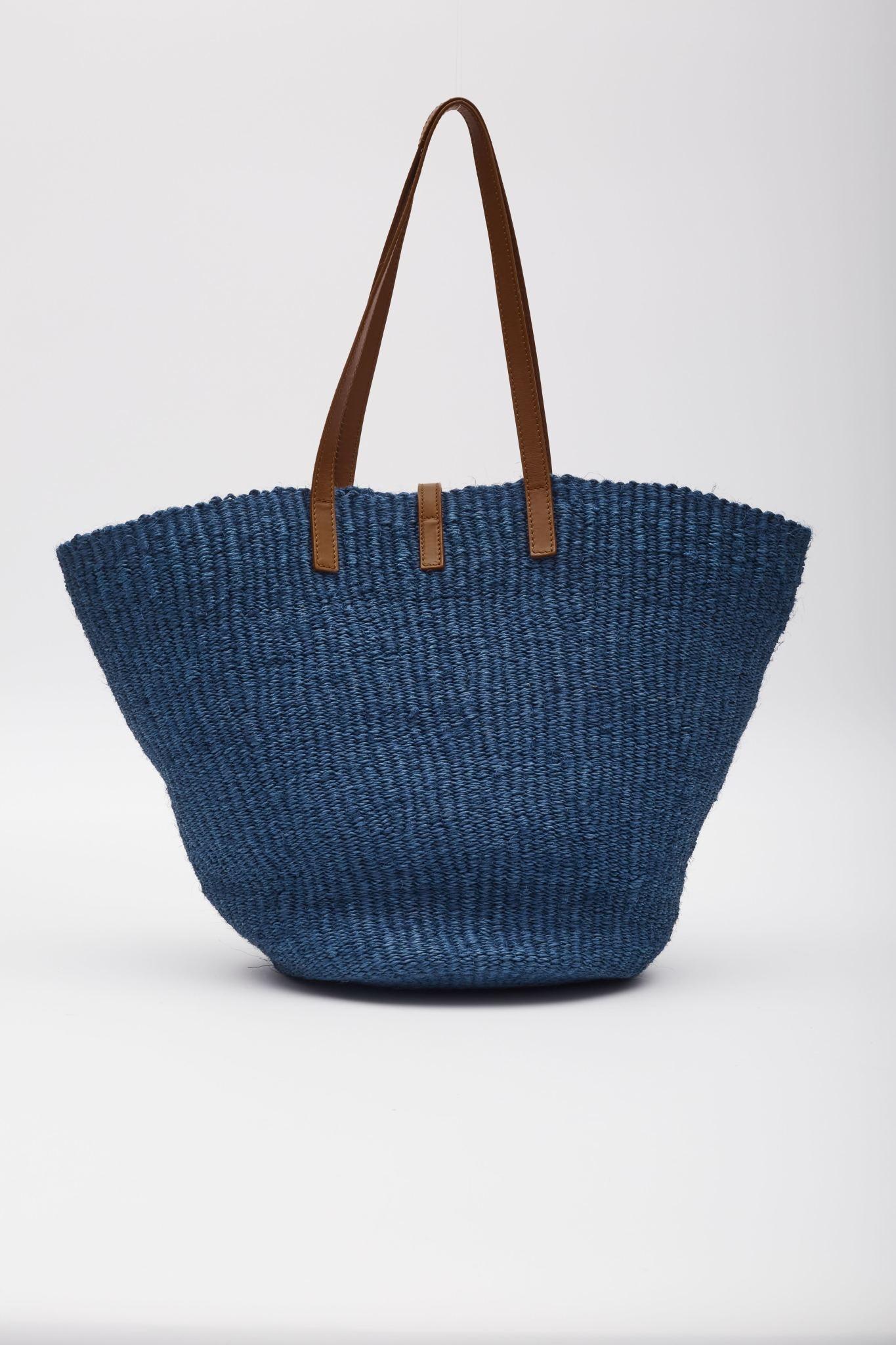 Saint Laurent Raffia Pannier Blue Tote Bag For Sale 1