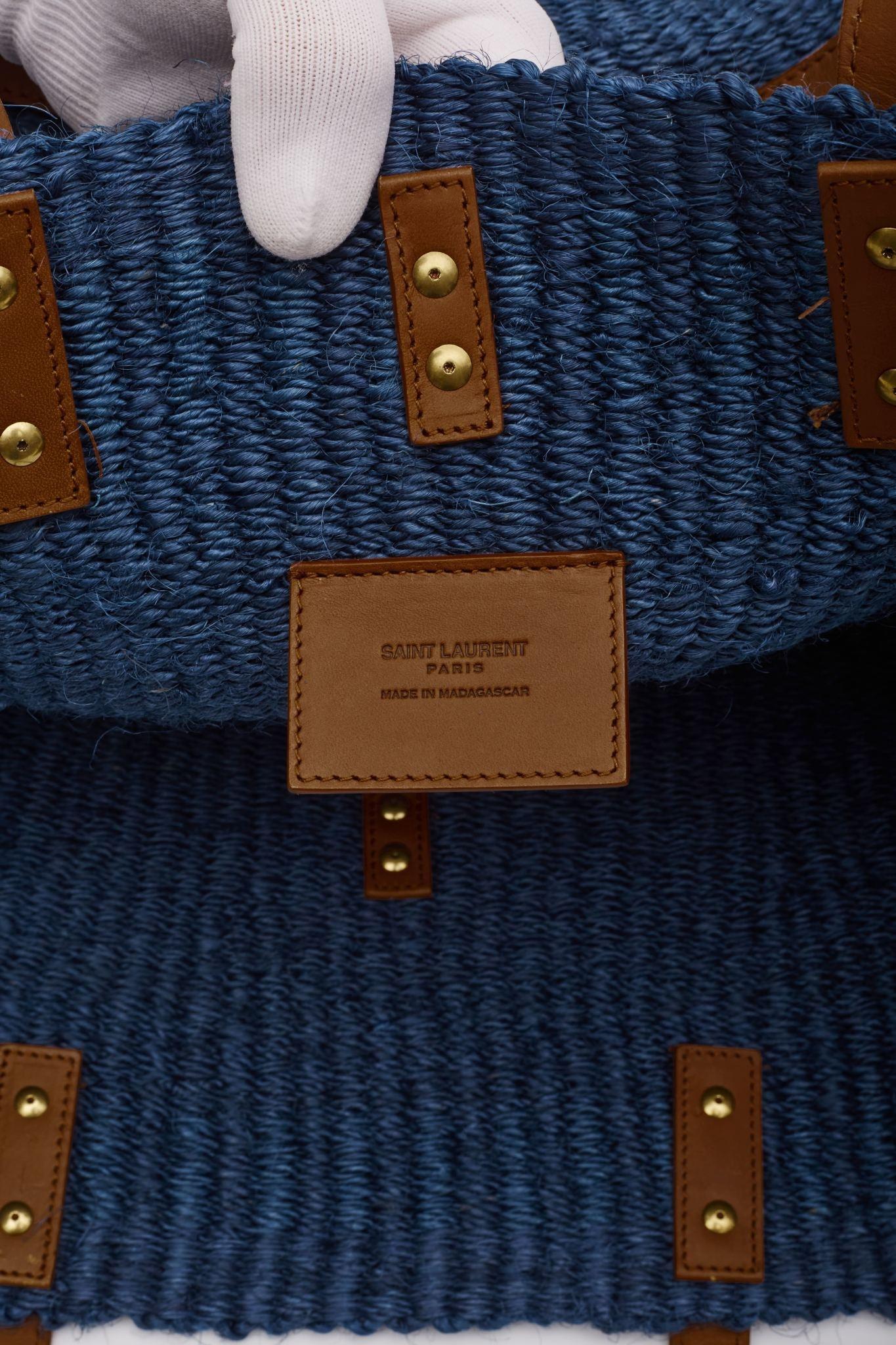 Saint Laurent Raffia Pannier Blue Tote Bag For Sale 5