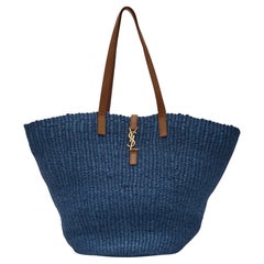 Saint Laurent Raffia Pannier Blue Tote Bag