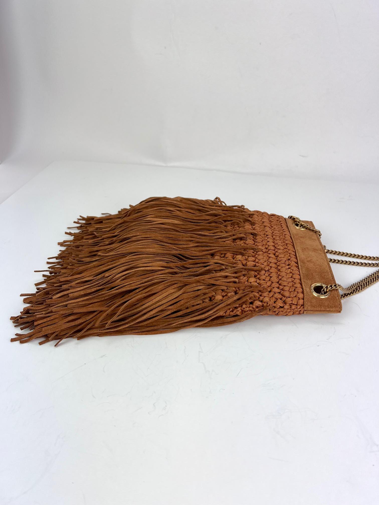 Saint Laurent Raffia Suede Calfskin Grace Fringed Tan Hobo Bag 6