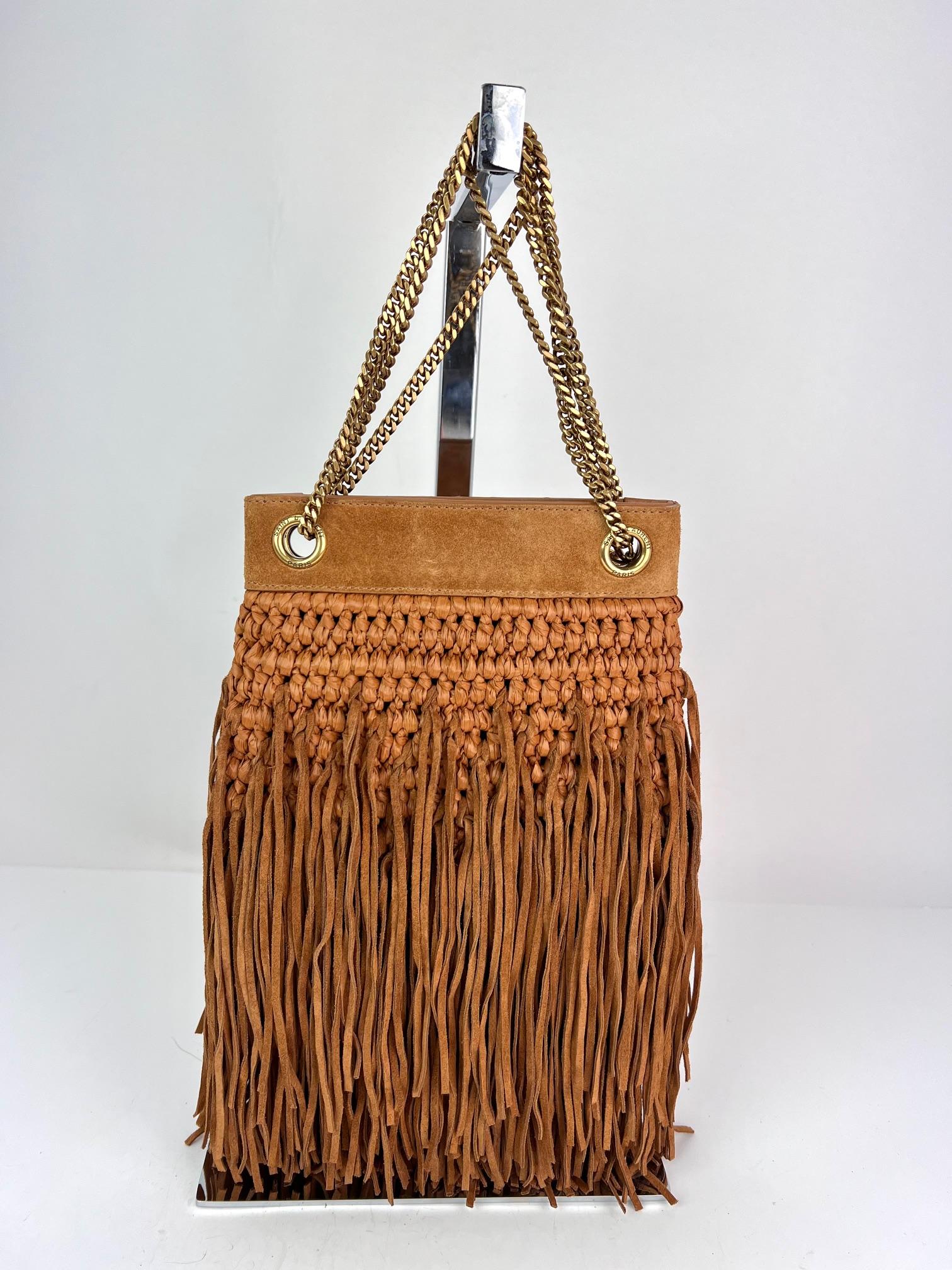 Saint Laurent Raffia Suede Calfskin Grace Fringed Tan Hobo Bag 7