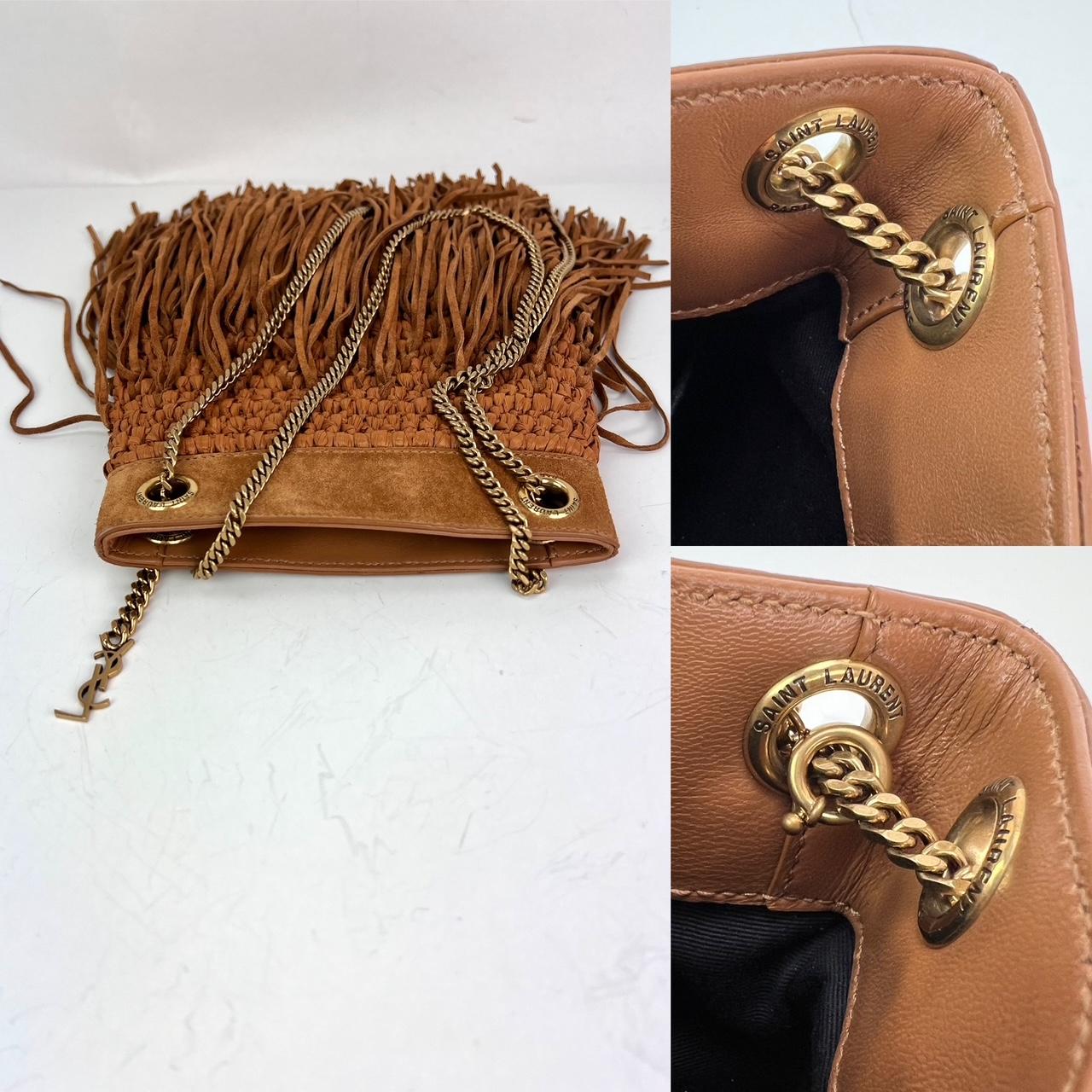 Saint Laurent Raffia Suede Calfskin Grace Fringed Tan Hobo Bag In Excellent Condition In Freehold, NJ