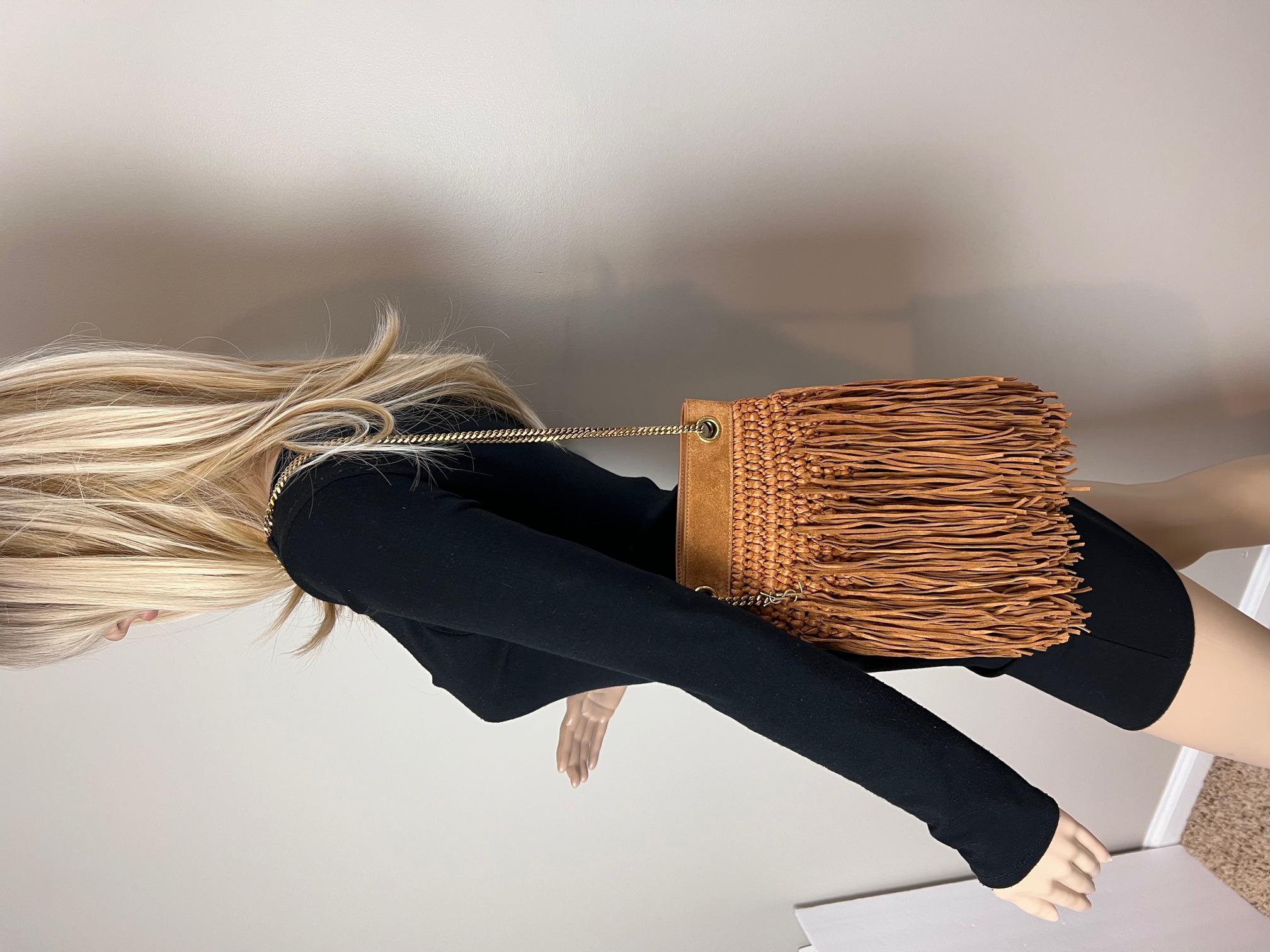 Women's Saint Laurent Raffia Suede Calfskin Grace Fringed Tan Hobo Bag