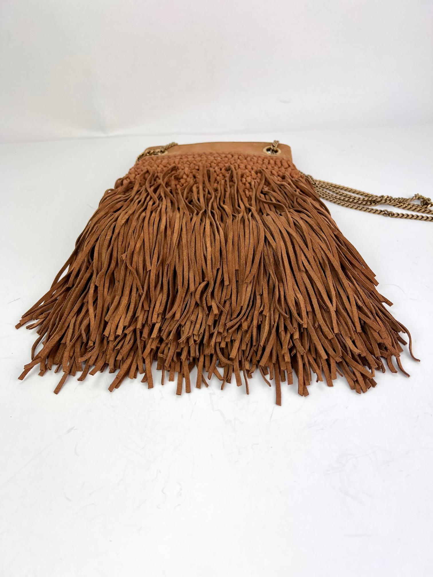 Saint Laurent Raffia Suede Calfskin Grace Fringed Tan Hobo Bag 4