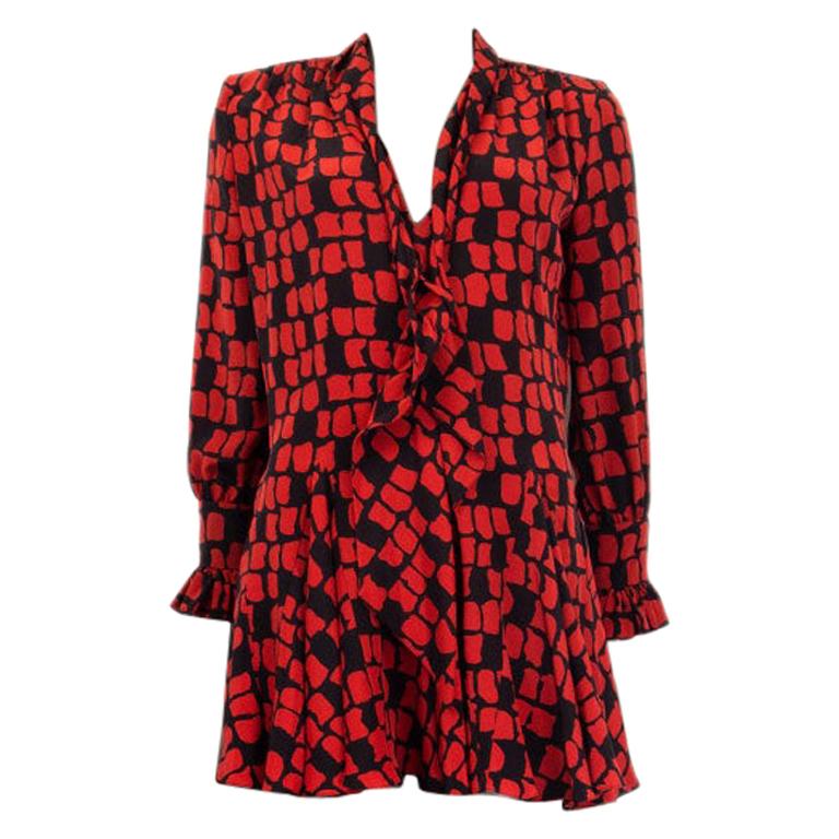 SAINT LAURENT red and black PRINTED silk PUSSY BOW MINI Dress S For ...