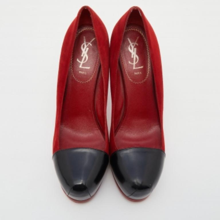 Saint Laurent Red/Black Suede and Leather Tribtoo Platform Pumps Size 38 In Good Condition For Sale In Dubai, Al Qouz 2