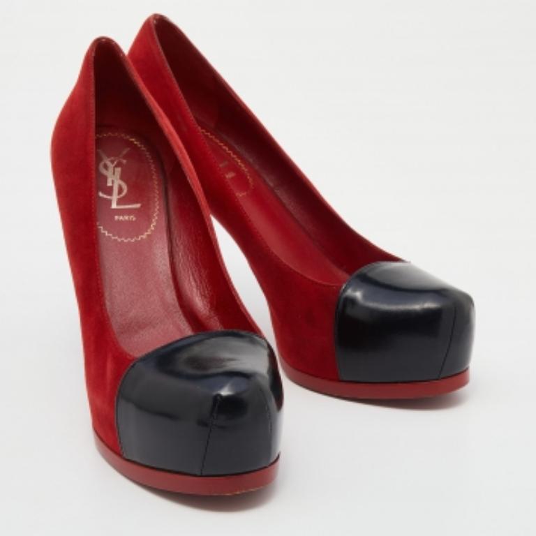 Women's Saint Laurent Red/Black Suede and Leather Tribtoo Platform Pumps Size 38 For Sale