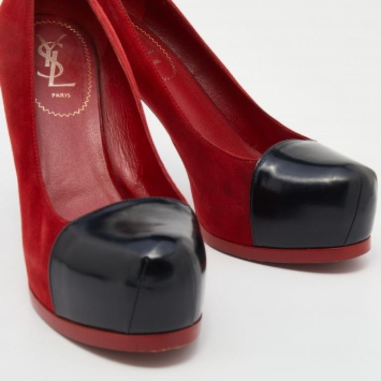 Saint Laurent Red/Black Suede and Leather Tribtoo Platform Pumps Size 38 For Sale 1
