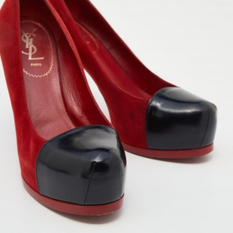 Saint Laurent Red/Black Suede and Leather Tribtoo Platform Pumps Size 38 For Sale 2