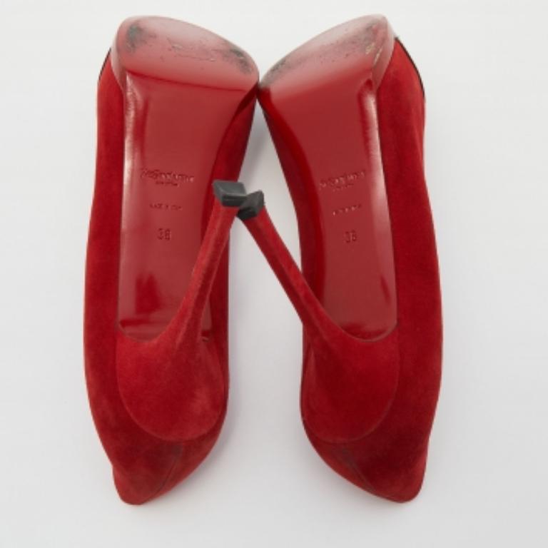 Saint Laurent Red/Black Suede and Leather Tribtoo Platform Pumps Size 38 For Sale 5