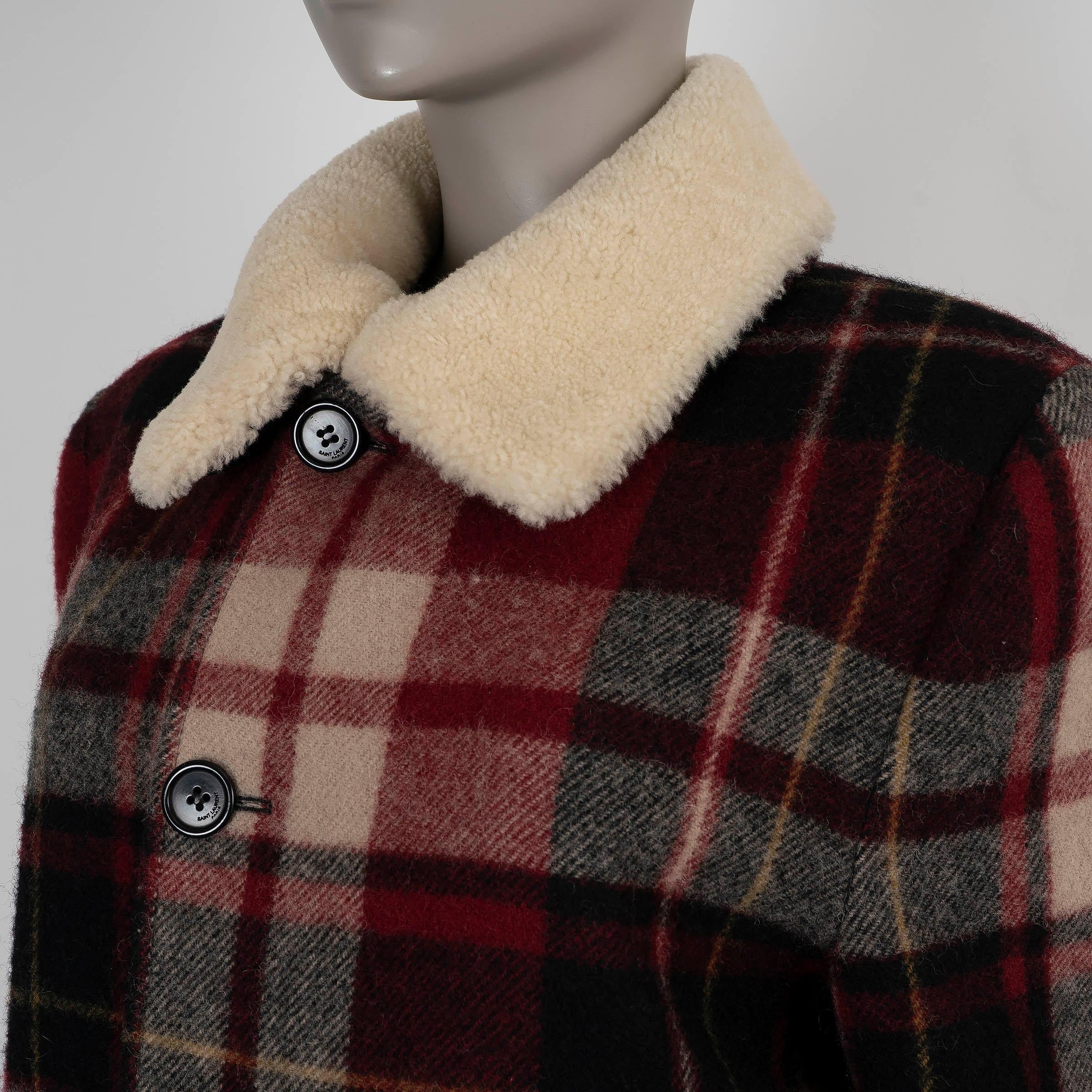 SAINT LAURENT rouge noir blanc laine PLAID SHEARLING COLLAR TRAPPER Jacket L Unisexe en vente