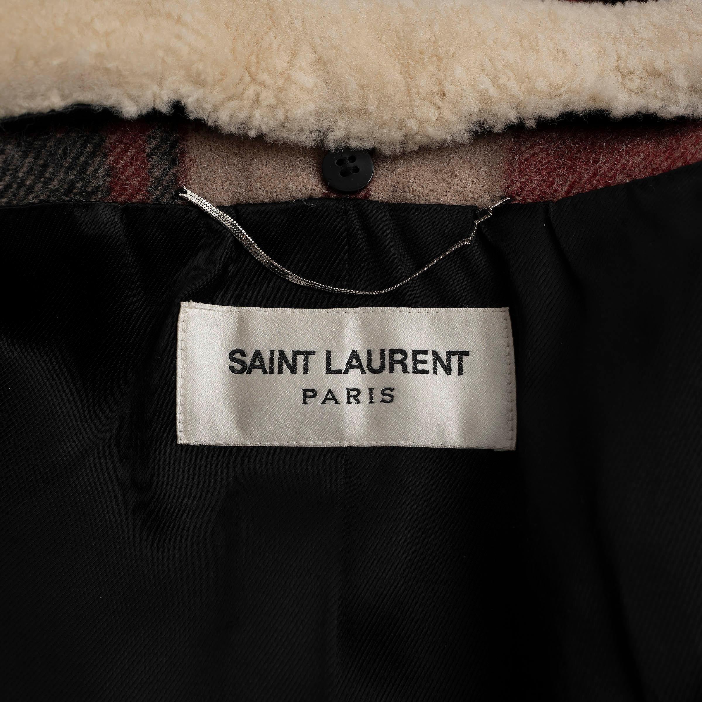 SAINT LAURENT rouge noir blanc laine PLAID SHEARLING COLLAR TRAPPER Jacket L en vente 1