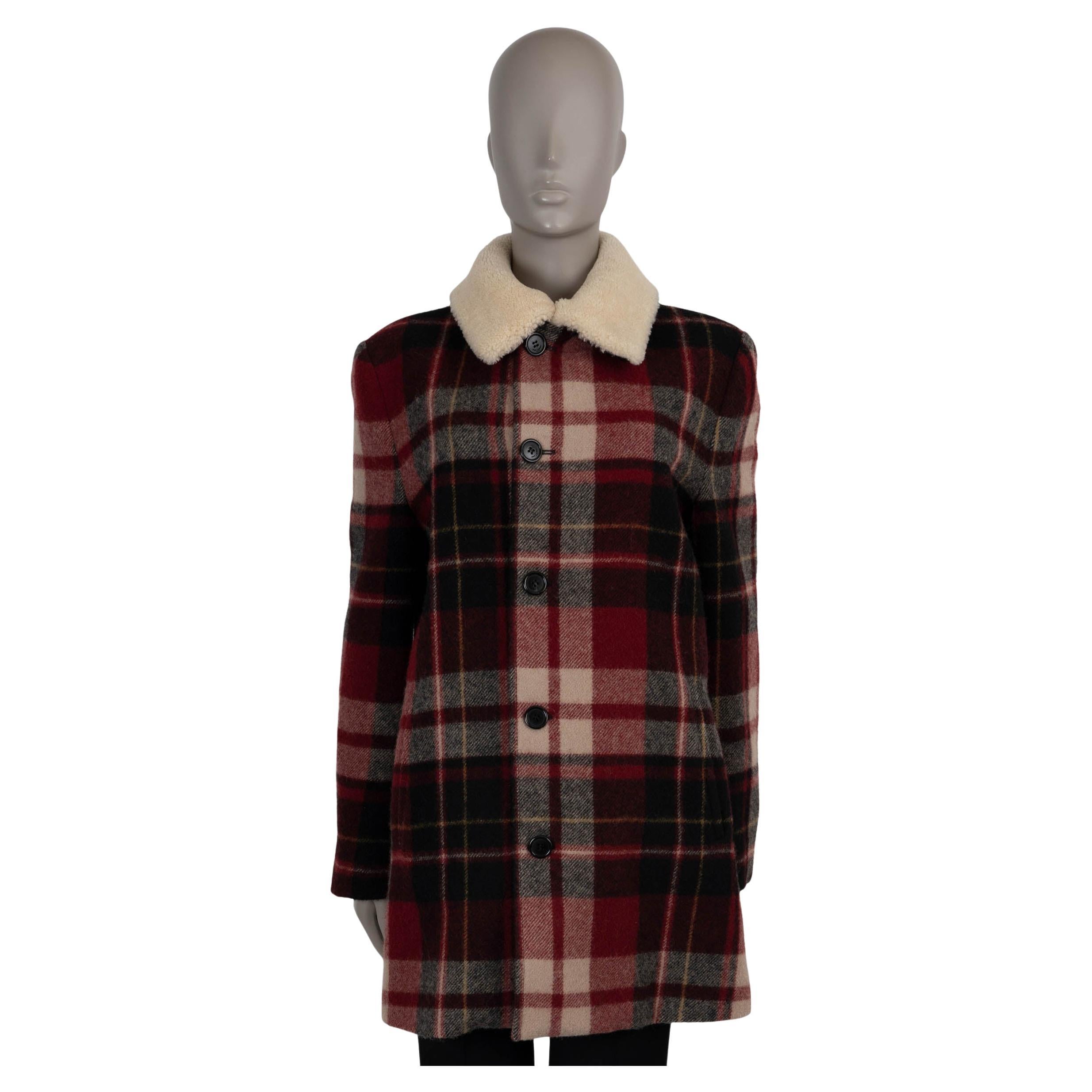 SAINT LAURENT red black white wool PLAID SHEARLING COLLAR TRAPPER Jacket L