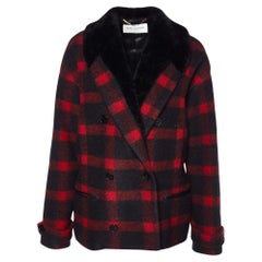Saint Laurent Red & Black Wool Blend & Shearling Collar Double Breasted Blazer S