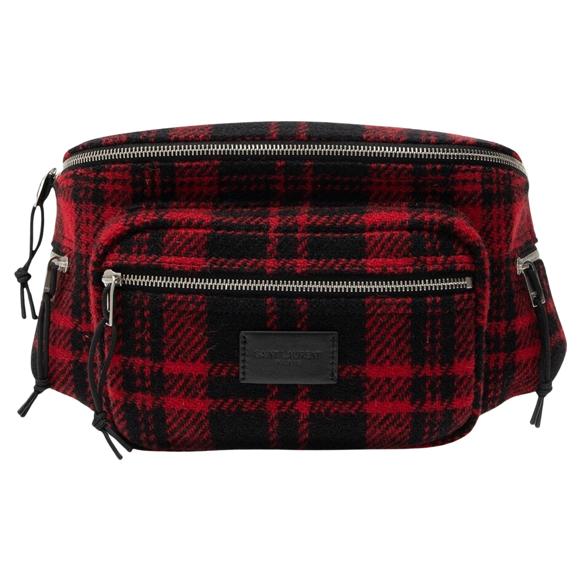 Saint Laurent Red Black Wool Tartan Nuxx Belt Bag For Sale