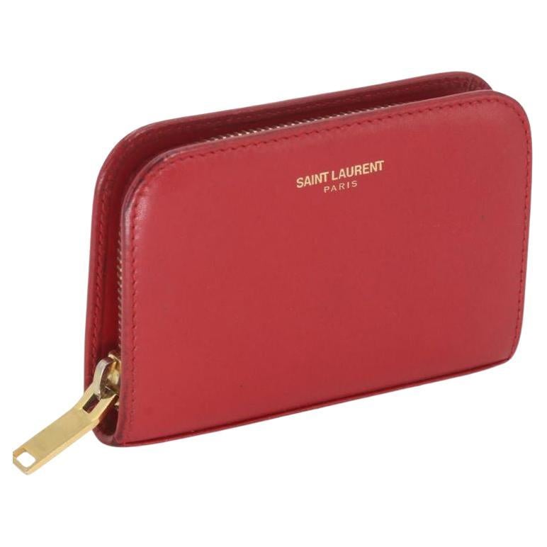 Saint Laurent Rote Box Leder Compact Zip Münztasche mit Reißverschluss Violett mit Brieftasche im Angebot