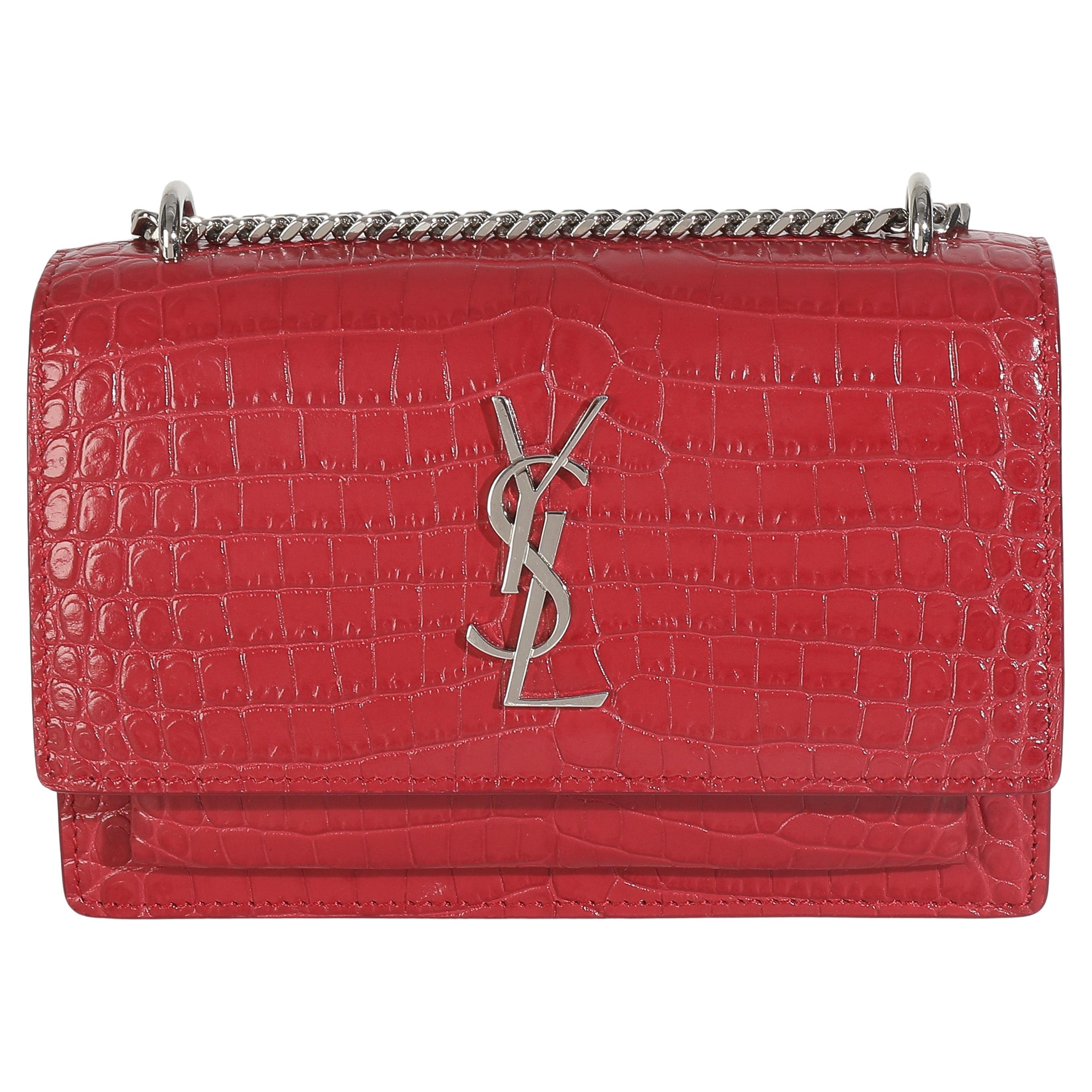 Saint Laurent Red Calfskin Crocodile Embossed Monogram Sunset Chain Wallet