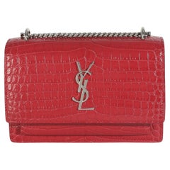 Saint Laurent Red Calfskin Crocodile Embossed Monogram Sunset Chain Wallet