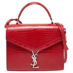 Saint Laurent Red Croc Embossed Leather Medium Cassandra Top Handle Bag