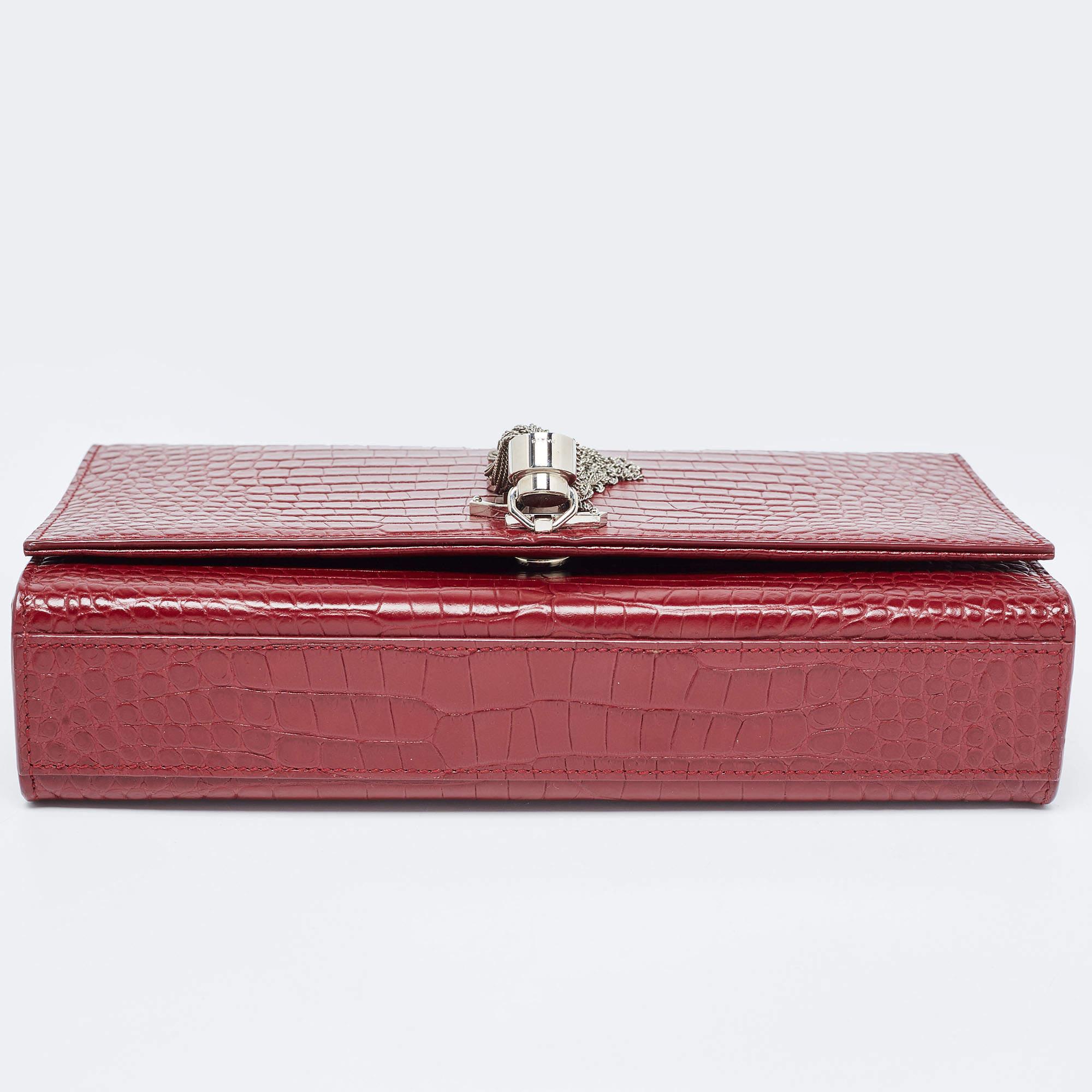 Saint Laurent Red Croc Embossed Leather Medium Kate Tassel Bag For Sale 9