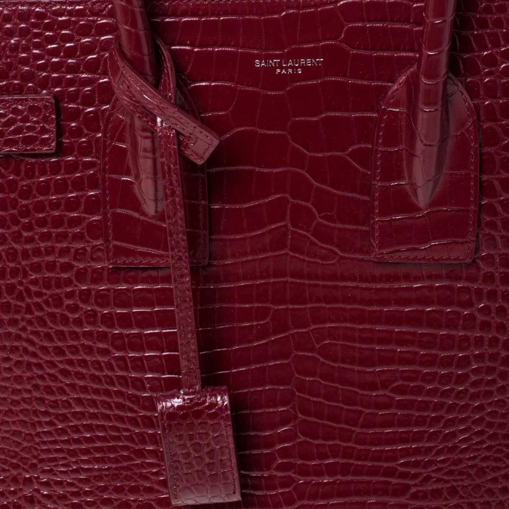 Brown Saint Laurent Red Croc Embossed Leather Small Classic Sac De Jour Tote