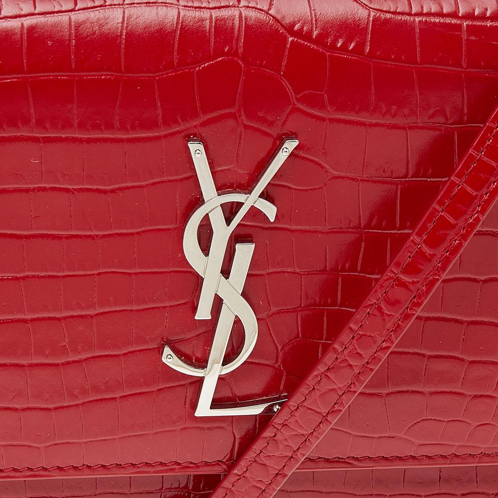 Women's Saint Laurent Red Croc Embossed Leather Small Sunset Shoulder Bag