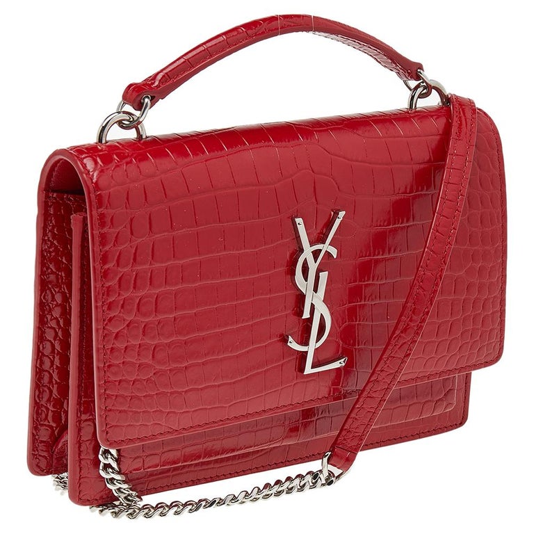 Saint Laurent Croc Embossed Red Patent Sac Coeur Heart Clutch Bag For Sale  at 1stDibs