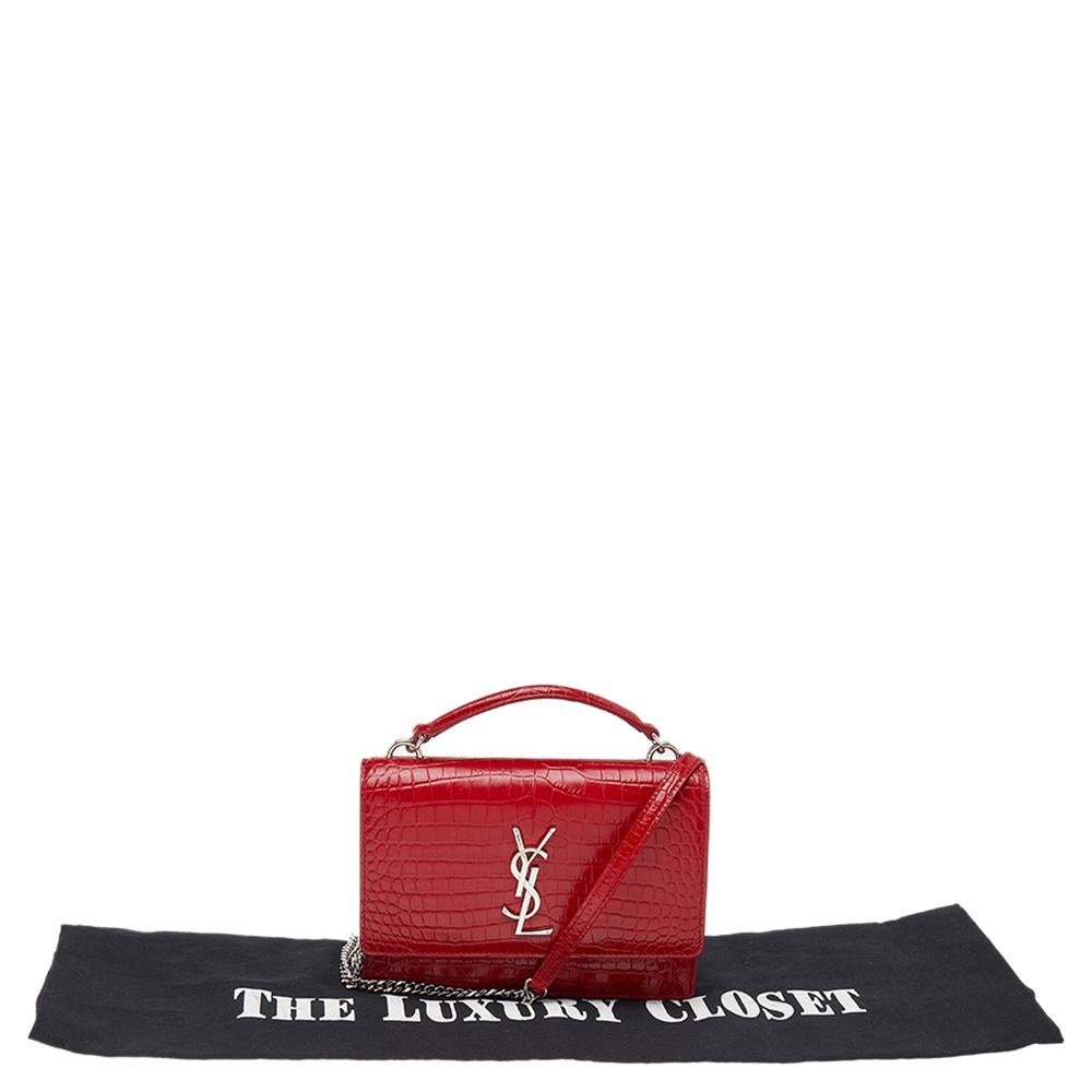 Saint Laurent Red Croc Embossed Leather Small Sunset Shoulder Bag 2