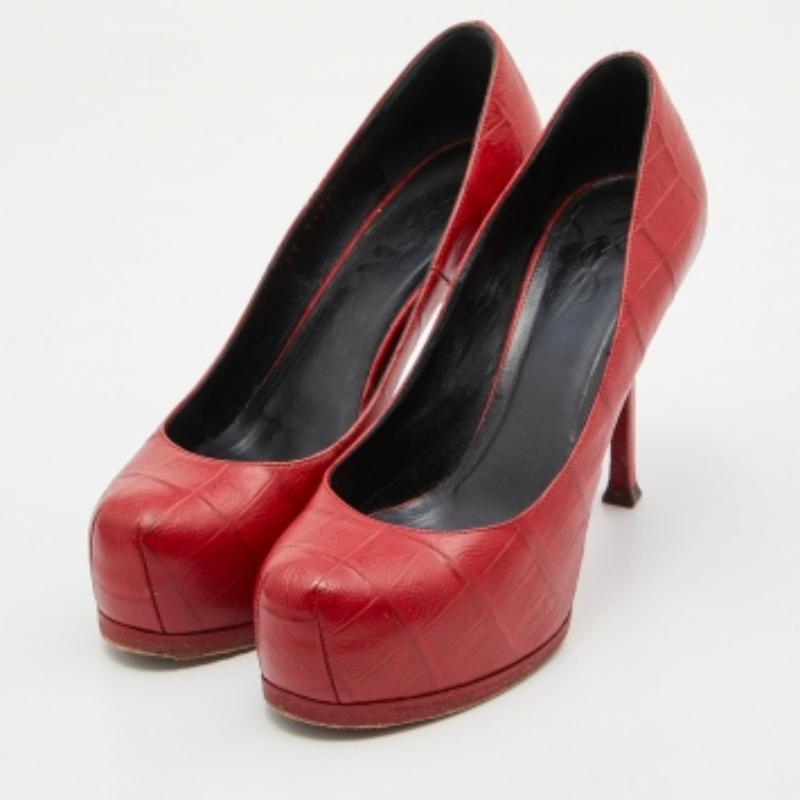 Saint Laurent Rot Krokodilgeprägtes Leder Tribtoo Plateau Pumps Größe 37 im Angebot 3