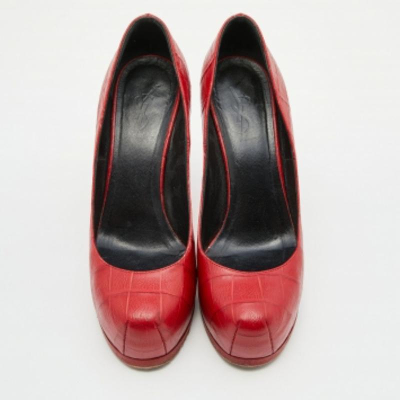 Saint Laurent Rot Krokodilgeprägtes Leder Tribtoo Plateau Pumps Größe 37 im Angebot 4