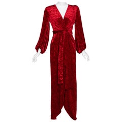 Vintage Saint Laurent Red Crushed Velvet Plunge Wrap Maxi Dress YSL Runway, 1985