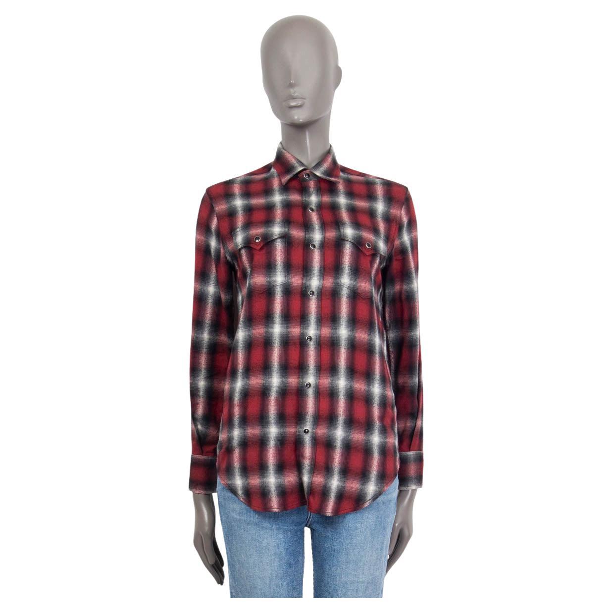 SAINT LAURENT red & grey cotton FLANNEL PLAID CHECK Button-Up Shirt S For Sale