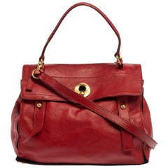 Saint Laurent Red Leather And Canvas Medium Muse Two Top Handle Bag