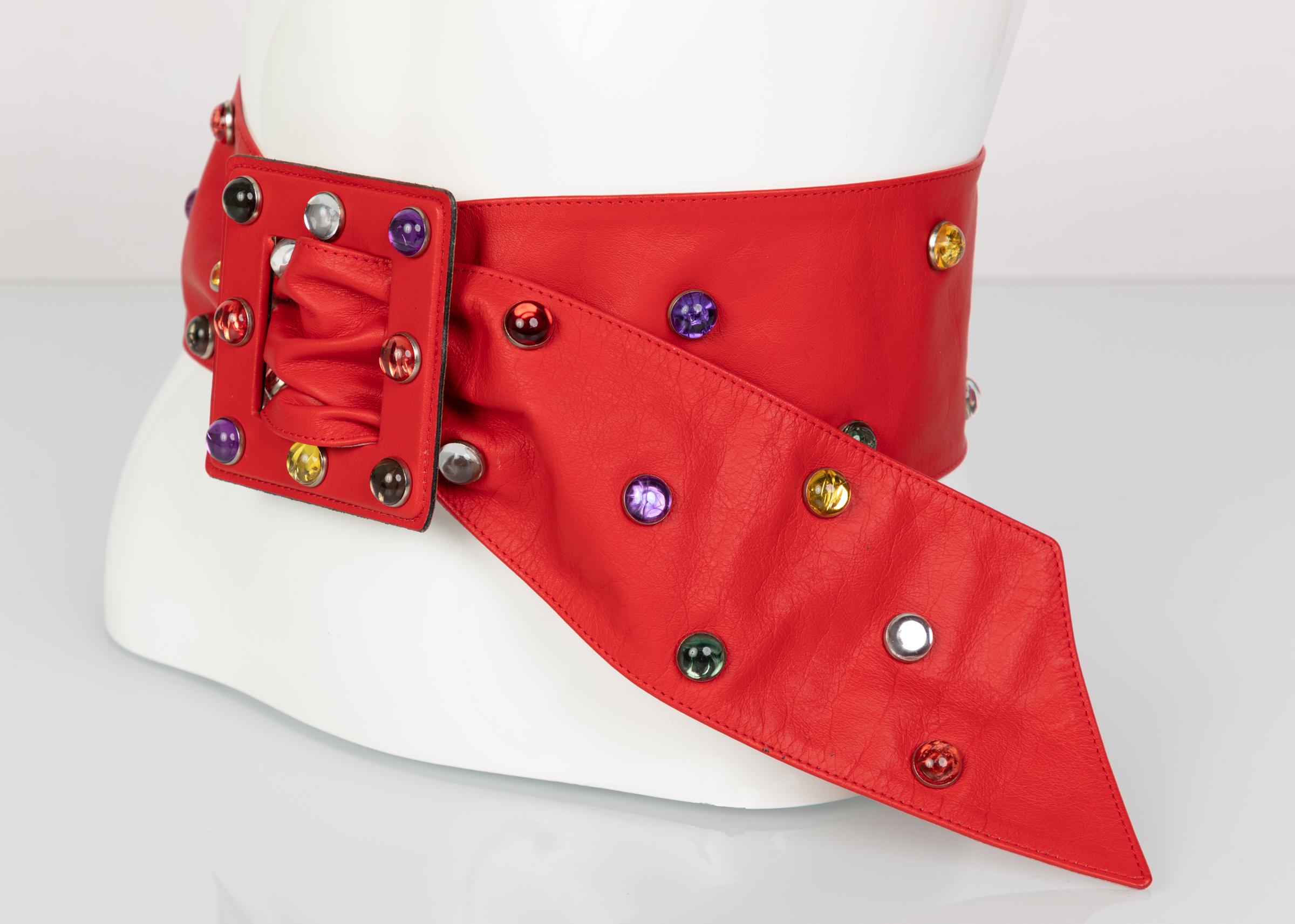 Women's or Men's Saint Laurent Red Leather Jewel Belt YSL, 1980s
