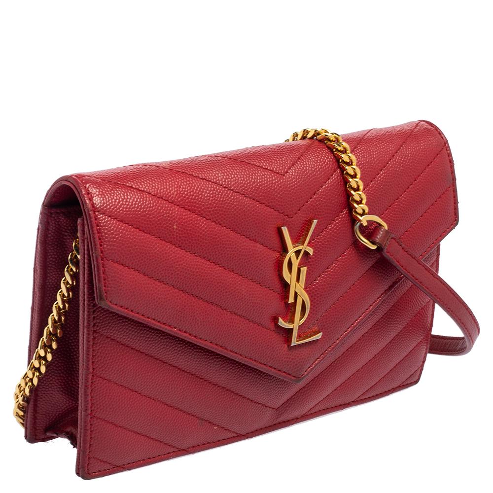 Saint Laurent Red Leather Monogram Wallet on Chain 3