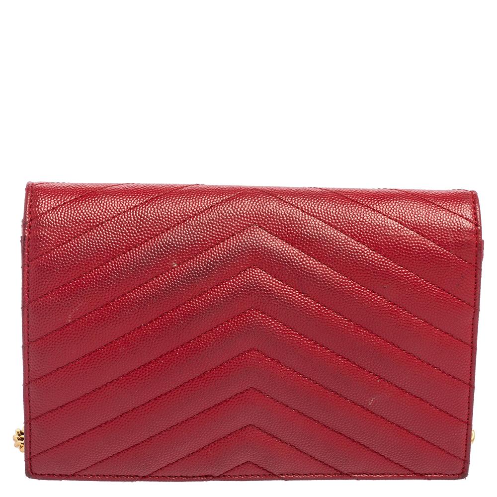 Saint Laurent Red Leather Monogram Wallet on Chain 4