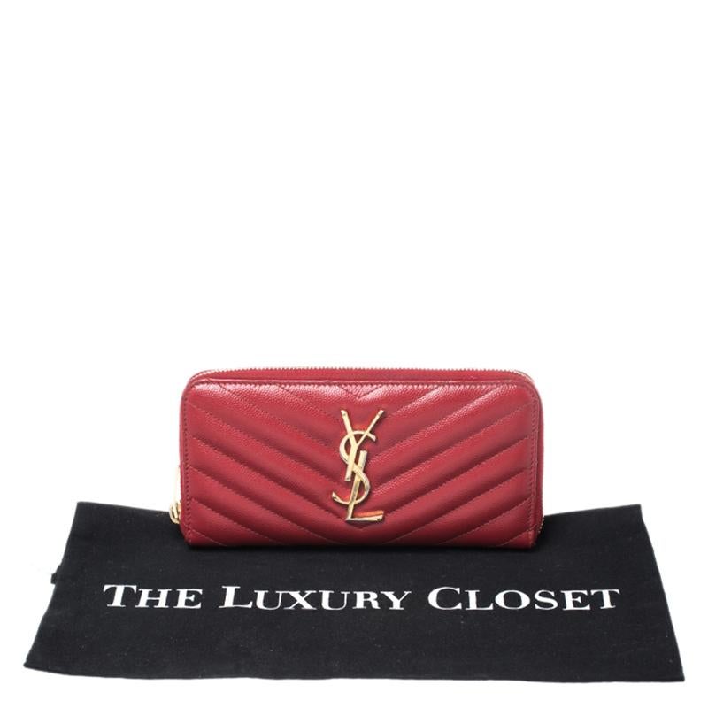 Saint Laurent Red Leather Monogram Zip Around Wallet 5