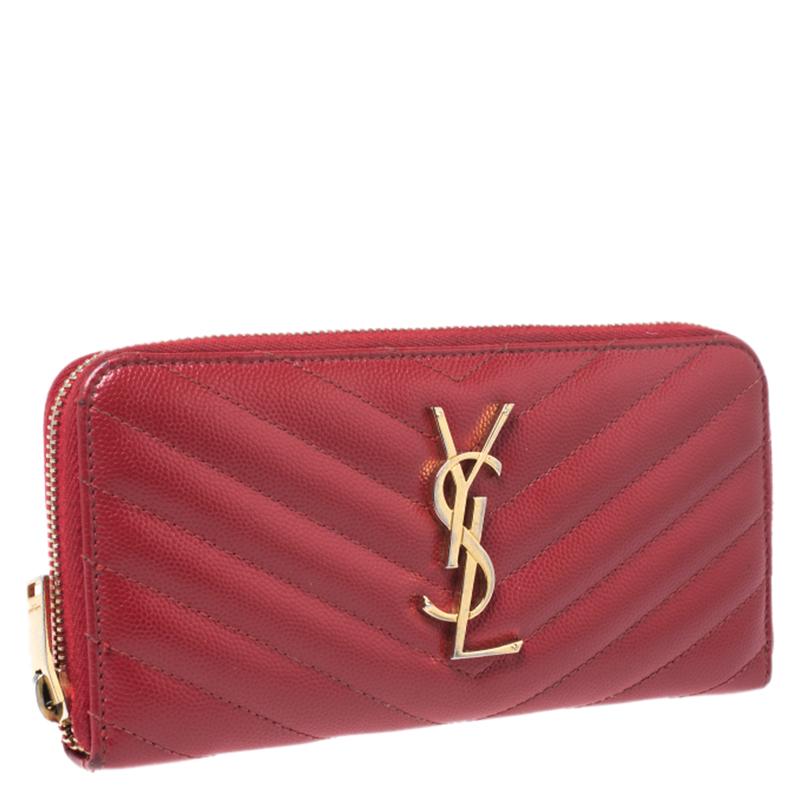 Saint Laurent Red Leather Monogram Zip Around Wallet